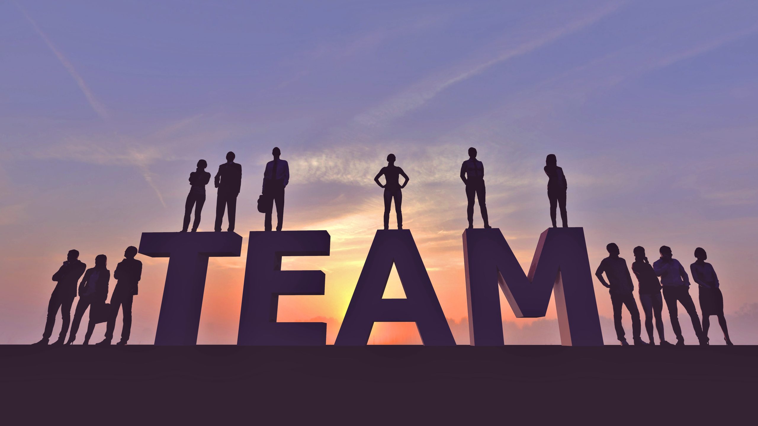 Business team silhouette standing on the word 'TEAM' at sunset, symbolizing collaboration and success.