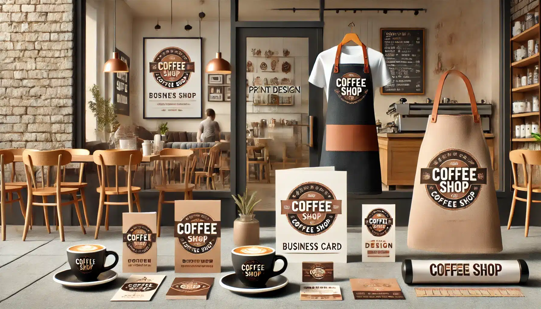 A cozy coffee shop storefront displaying a coffee cup, coaster, business card, posters, and DM, all featuring a cohesive design style in a 16:9 format.